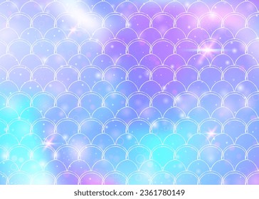 Princess mermaid background with kawaii rainbow scales pattern. Fish tail banner with magic sparkles and stars. Sea fantasy invitation for girlie party. Vibrant princess mermaid backdrop.