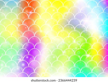 Princess mermaid background with kawaii rainbow scales pattern. Fish tail banner with magic sparkles and stars. Sea fantasy invitation for girlie party. Retro princess mermaid backdrop.