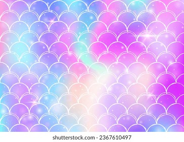 Princess mermaid background with kawaii rainbow scales pattern. Fish tail banner with magic sparkles and stars. Sea fantasy invitation for girlie party. Pearlescent princess mermaid backdrop.