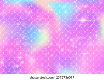 Princess mermaid background with kawaii rainbow scales pattern. Fish tail banner with magic sparkles and stars. Sea fantasy invitation for girlie party. Vibrant princess mermaid backdrop.