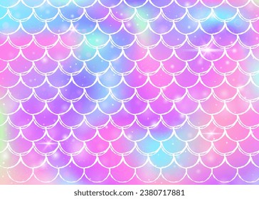 Princess mermaid background with kawaii rainbow scales pattern. Fish tail banner with magic sparkles and stars. Sea fantasy invitation for girlie party. Bright princess mermaid backdrop.