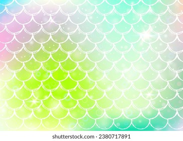 Princess mermaid background with kawaii rainbow scales pattern. Fish tail banner with magic sparkles and stars. Sea fantasy invitation for girlie party. Colorful princess mermaid backdrop.