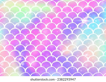 Princess mermaid background with kawaii rainbow scales pattern. Fish tail banner with magic sparkles and stars. Sea fantasy invitation for girlie party. Stylish princess mermaid backdrop.
