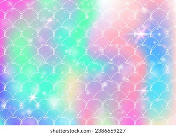 Princess mermaid background with kawaii rainbow scales pattern. Fish tail banner with magic sparkles and stars. Sea fantasy invitation for girlie party. Iridescent princess mermaid backdrop.