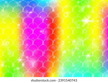Princess mermaid background with kawaii rainbow scales pattern. Fish tail banner with magic sparkles and stars. Sea fantasy invitation for girlie party. Spectrum princess mermaid backdrop.