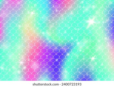 Princess mermaid background with kawaii rainbow scales pattern. Fish tail banner with magic sparkles and stars. Sea fantasy invitation for girlie party. Fluorescent princess mermaid backdrop.