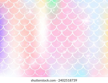 Princess mermaid background with kawaii rainbow scales pattern. Fish tail banner with magic sparkles and stars. Sea fantasy invitation for girlie party. Fluorescent princess mermaid backdrop.