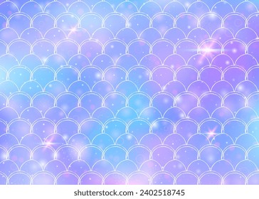 Princess mermaid background with kawaii rainbow scales pattern. Fish tail banner with magic sparkles and stars. Sea fantasy invitation for girlie party. Retro princess mermaid backdrop.
