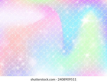 Princess mermaid background with kawaii rainbow scales pattern. Fish tail banner with magic sparkles and stars. Sea fantasy invitation for girlie party. Futuristic princess mermaid backdrop.