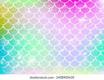Princess mermaid background with kawaii rainbow scales pattern. Fish tail banner with magic sparkles and stars. Sea fantasy invitation for girlie party. Spectrum princess mermaid backdrop.