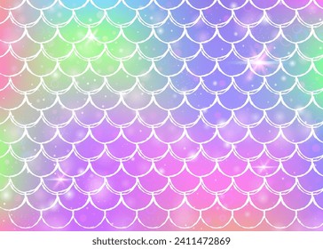 Princess mermaid background with kawaii rainbow scales pattern. Fish tail banner with magic sparkles and stars. Sea fantasy invitation for girlie party. Plastic princess mermaid backdrop.