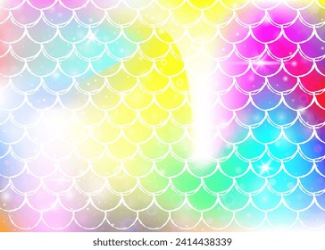 Princess mermaid background with kawaii rainbow scales pattern. Fish tail banner with magic sparkles and stars. Sea fantasy invitation for girlie party. Fluorescent princess mermaid backdrop.