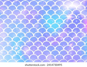 Princess mermaid background with kawaii rainbow scales pattern. Fish tail banner with magic sparkles and stars. Sea fantasy invitation for girlie party. Futuristic princess mermaid backdrop.