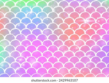 Princess mermaid background with kawaii rainbow scales pattern. Fish tail banner with magic sparkles and stars. Sea fantasy invitation for girlie party. Multicolor princess mermaid backdrop.