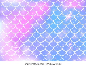 Princess mermaid background with kawaii rainbow scales pattern. Fish tail banner with magic sparkles and stars. Sea fantasy invitation for girlie party. Rainbow princess mermaid backdrop.