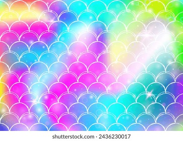 Princess mermaid background with kawaii rainbow scales pattern. Fish tail banner with magic sparkles and stars. Sea fantasy invitation for girlie party. Rainbow princess mermaid backdrop.
