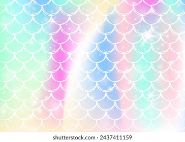 Princess mermaid background with kawaii rainbow scales pattern. Fish tail banner with magic sparkles and stars. Sea fantasy invitation for girlie party. Retro princess mermaid backdrop.