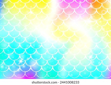 Princess mermaid background with kawaii rainbow scales pattern. Fish tail banner with magic sparkles and stars. Sea fantasy invitation for girlie party. Multicolor princess mermaid backdrop.