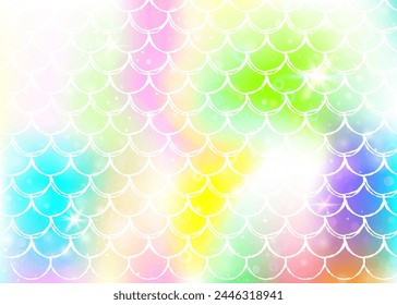Princess mermaid background with kawaii rainbow scales pattern. Fish tail banner with magic sparkles and stars. Sea fantasy invitation for girlie party. Vibrant princess mermaid backdrop.