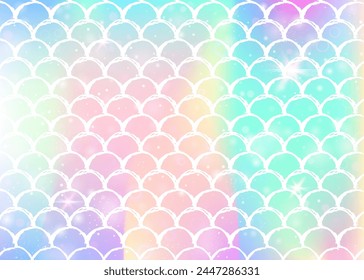 Princess mermaid background with kawaii rainbow scales pattern. Fish tail banner with magic sparkles and stars. Sea fantasy invitation for girlie party. Multicolor princess mermaid backdrop.