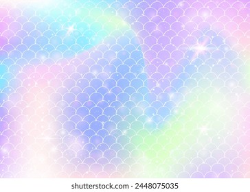 Princess mermaid background with kawaii rainbow scales pattern. Fish tail banner with magic sparkles and stars. Sea fantasy invitation for girlie party. Creative princess mermaid backdrop.