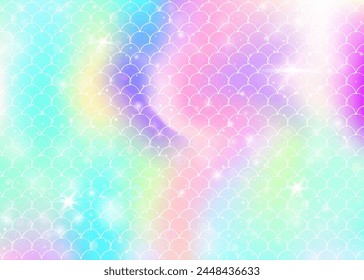 Princess mermaid background with kawaii rainbow scales pattern. Fish tail banner with magic sparkles and stars. Sea fantasy invitation for girlie party. Vibrant princess mermaid backdrop.