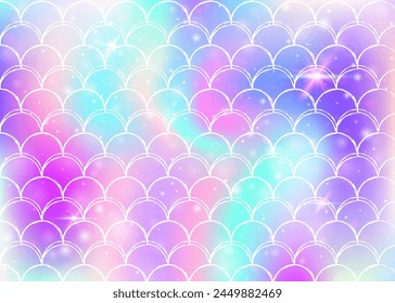 Princess mermaid background with kawaii rainbow scales pattern. Fish tail banner with magic sparkles and stars. Sea fantasy invitation for girlie party. Multicolor princess mermaid backdrop.