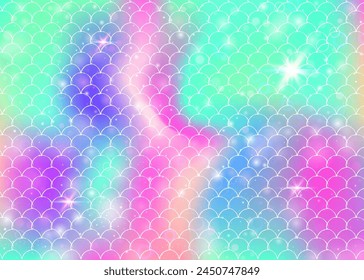 Princess mermaid background with kawaii rainbow scales pattern. Fish tail banner with magic sparkles and stars. Sea fantasy invitation for girlie party. Futuristic princess mermaid backdrop.