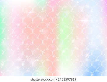 Princess mermaid background with kawaii rainbow scales pattern. Fish tail banner with magic sparkles and stars. Sea fantasy invitation for girlie party. Neon princess mermaid backdrop.