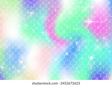 Princess mermaid background with kawaii rainbow scales pattern. Fish tail banner with magic sparkles and stars. Sea fantasy invitation for girlie party. Multicolor princess mermaid backdrop.