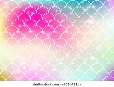 Princess mermaid background with kawaii rainbow scales pattern. Fish tail banner with magic sparkles and stars. Sea fantasy invitation for girlie party. Futuristic princess mermaid backdrop.