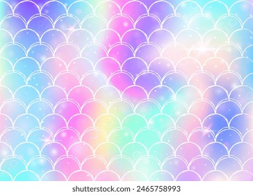 Princess mermaid background with kawaii rainbow scales pattern. Fish tail banner with magic sparkles and stars. Sea fantasy invitation for girlie party. Neon princess mermaid backdrop.