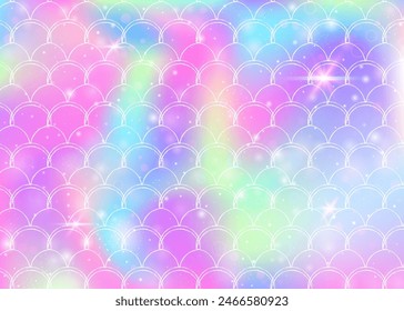 Princess mermaid background with kawaii rainbow scales pattern. Fish tail banner with magic sparkles and stars. Sea fantasy invitation for girlie party. Plastic princess mermaid backdrop.