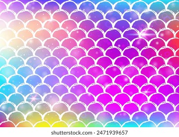 Princess mermaid background with kawaii rainbow scales pattern. Fish tail banner with magic sparkles and stars. Sea fantasy invitation for girlie party. Iridescent princess mermaid backdrop.