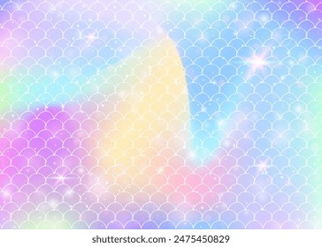 Princess mermaid background with kawaii rainbow scales pattern. Fish tail banner with magic sparkles and stars. Sea fantasy invitation for girlie party. Trendy princess mermaid backdrop.