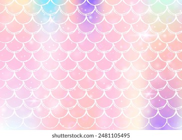 Princess mermaid background with kawaii rainbow scales pattern. Fish tail banner with magic sparkles and stars. Sea fantasy invitation for girlie party. Futuristic princess mermaid backdrop.