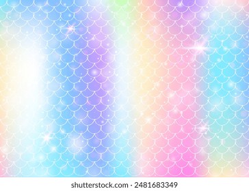 Princess mermaid background with kawaii rainbow scales pattern. Fish tail banner with magic sparkles and stars. Sea fantasy invitation for girlie party. Neon princess mermaid backdrop.