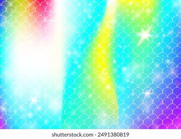 Fondo de la sirena de la princesa con patrón de escalas de arco iris kawaii. Anuncio de cola de pescado con destellos mágicos y estrellas. Invitación de fantasía de mar para fiesta de chicas. Fondo fluorescente de la sirena princesa.