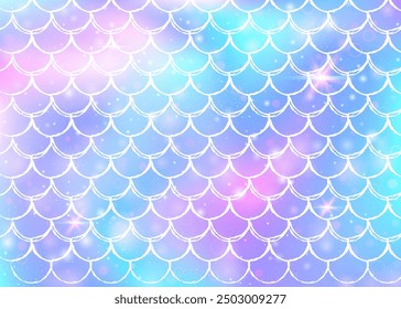 Princess mermaid background with kawaii rainbow scales pattern. Fish tail banner with magic sparkles and stars. Sea fantasy invitation for girlie party. Retro princess mermaid backdrop.