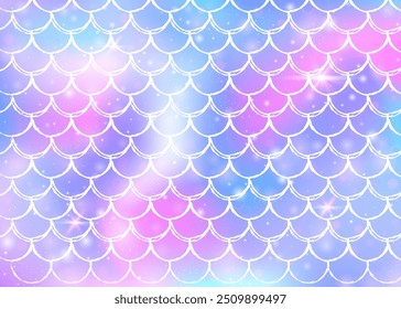 Princess mermaid background with kawaii rainbow scales pattern. Fish tail banner with magic sparkles and stars. Sea fantasy invitation for girlie party. Stylish princess mermaid backdrop.