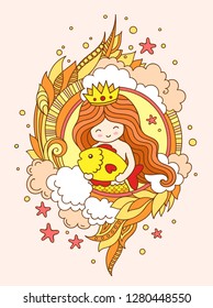 Princess mermaid with big golden fish, surrounded by clouds, seaweeds. Vector colorful illustration for print, postcard, poster.