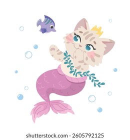 Princess mermaid cat meets fish. Cute underwater characters. Fairytale kawaii kitten mermaid. Fantasy vector illustration