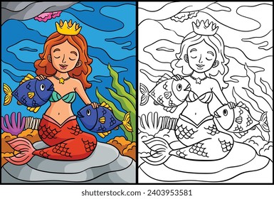 Princess Mermaid and Fish Coloring Illustration