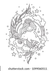 Princess mermaid, hugging cute little dolphin, surrounded by clouds. Vector illustration. Page for coloring book, print, card.