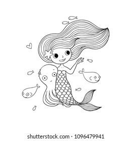 Princess Mermaid, octopus and fish. Siren. Sea theme. Hand drawing isolated objects on white background. Vector illustration. 