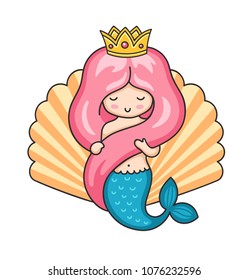 Princess mermaid on the background of a large seashell. Vector illustration.