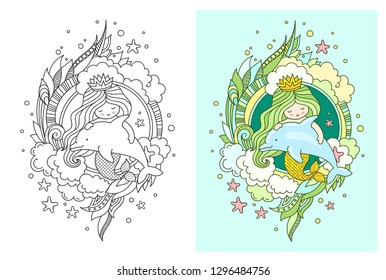 Princess mermaid on the background of a large seashell. Cute cartoon character. Vector illustration for coloring book, print, card, postcard, poster, t-shirt, tattoo.