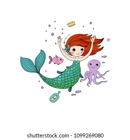 Princess Mermaid. Siren. Sea theme. Hand drawing isolated objects on white background. Vector illustration. 