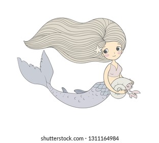 Princess Mermaid. Siren. Sea theme. Cute cartoon girl with a fish tail