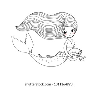 Princess Mermaid. Siren. Sea theme. Cute cartoon girl with a fish tail